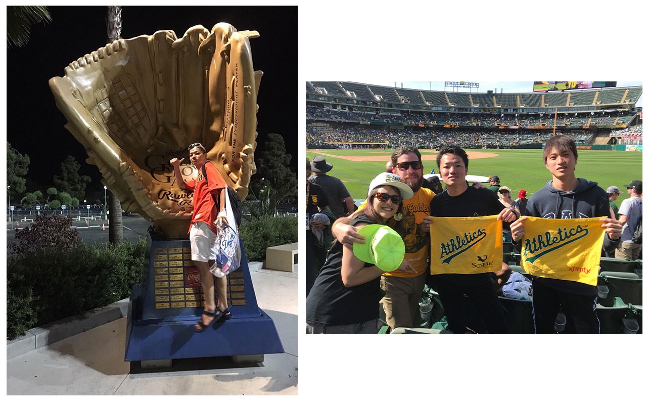 Sou Koguma poses in front of a baseball glove sculpture