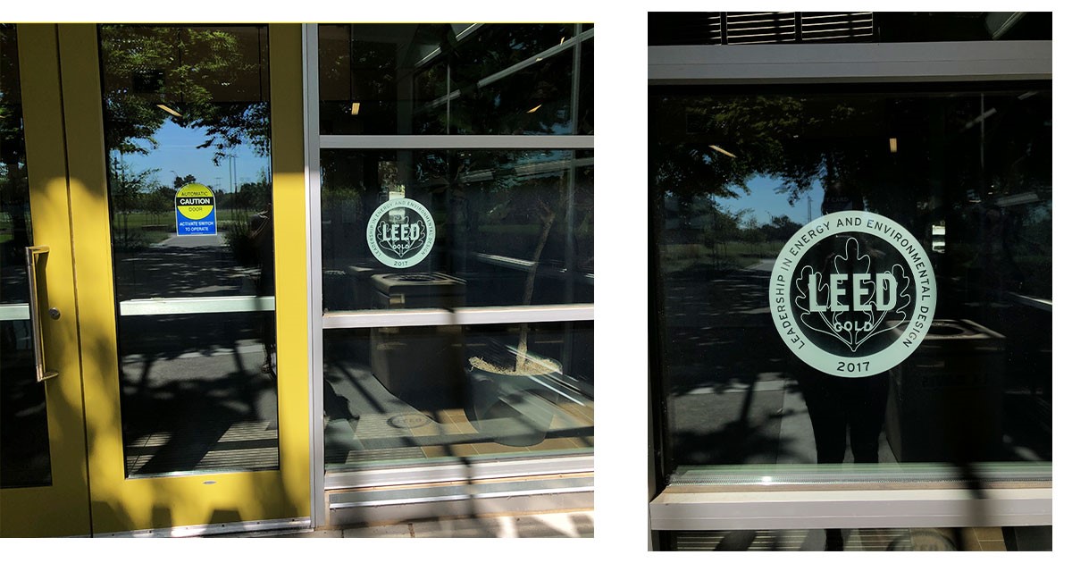 LEED certification imprinted in the International Center's main entrance. 