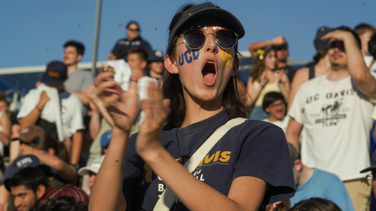 Students cheer during the UC Davis Homecoming football game vs. Montana at UC Davis Health Stadium on October 7, 2023