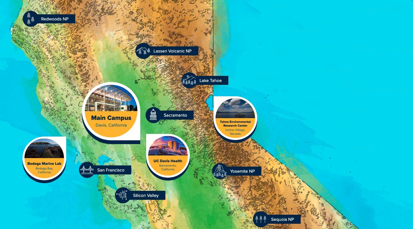 map of California with UC Davis and nearby locations marked