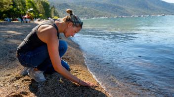 UC Davis staff Research Associate, Katie Senft, checks the sand for plastic at Incline Beach, Lake Tahoe. 