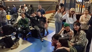 students pose for the camera at the memorial Union