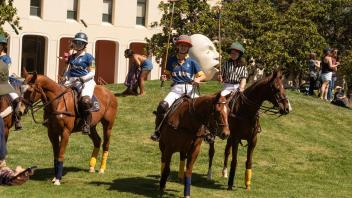 UC Davis Polo team with the See No Evil/Hear No Evil Eggheads at Picnic Day.
