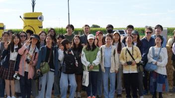 UC Davis GSP students pose outside the famous Dixon corn maze during a field trip