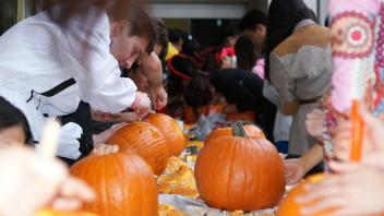 UC Davis international students carve pumpkins at a Halloween party