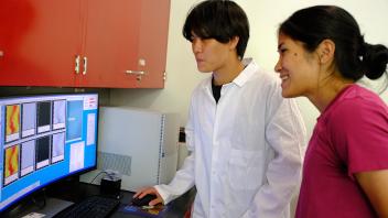 GREAT Program student reviews images and data on a computer screen with Prof. Erika La Plante in the Material Science Lab