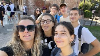 students take a selfie in Old Sacramento
