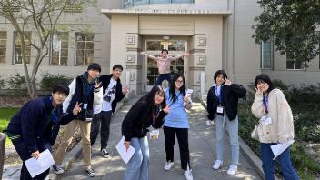 Seikei High School students outside the 24-hour study room at the Shields Library