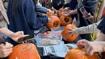 UC Davis international students carve pumpkins during the annual Halloween Party.