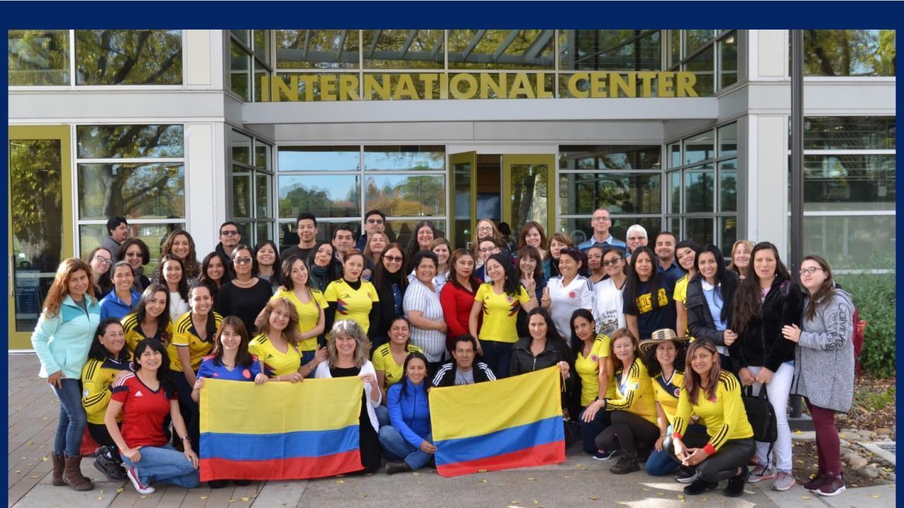 Colombia Fulbright teachers group photo in front of the UC Davis International Center