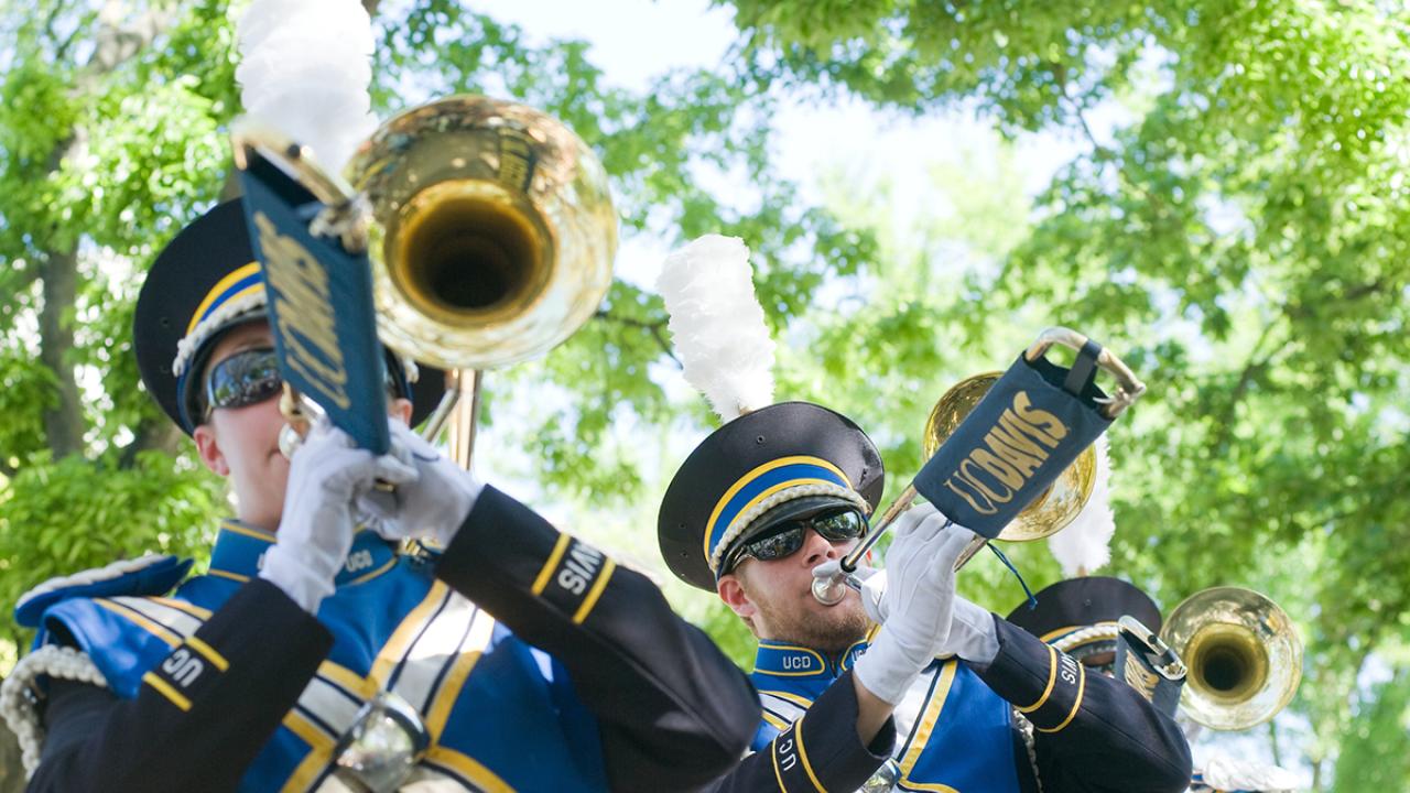 The UC Davis marching band performing during the picnic day parade.