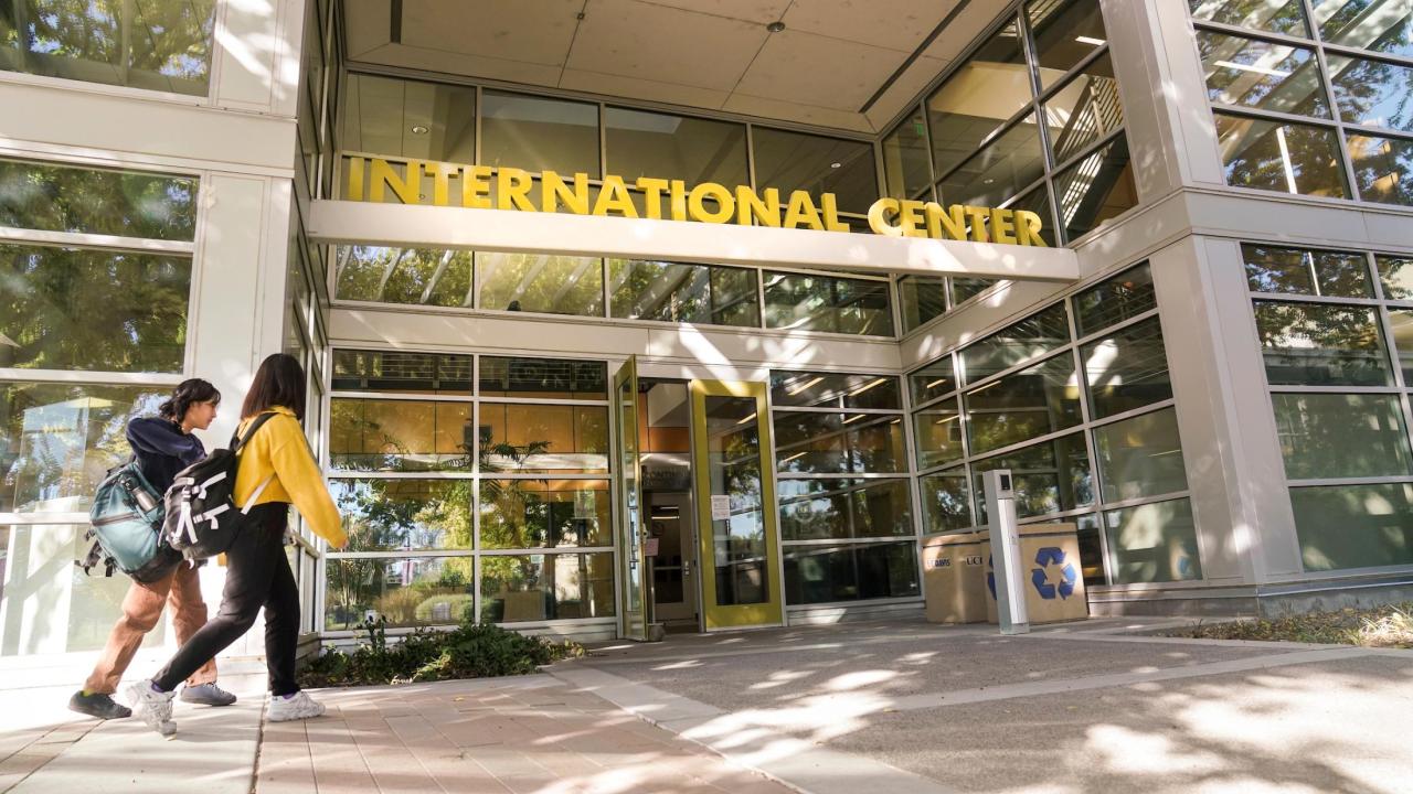 students walk into UC Davis International Center