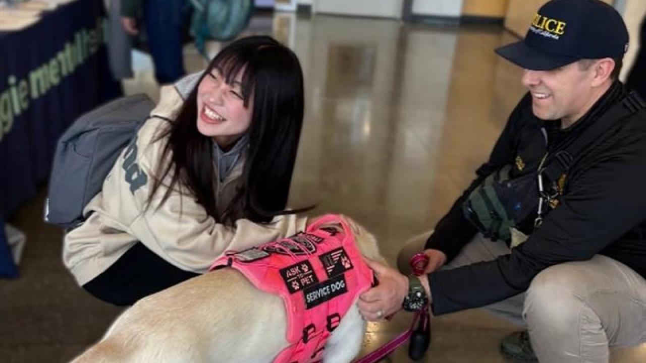 Academic Engagement Track students meet one of UC Davis' support dogs