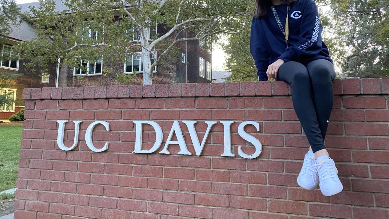 Kazuna Fujita and the UC Davis campus sign