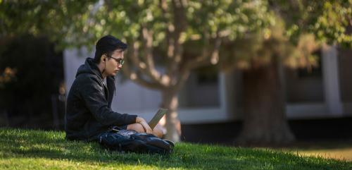 student on laptop in the UC Davis Arboretum 