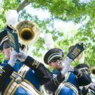The UC Davis marching band performing during the picnic day parade.