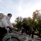 Students ride through the bike circle as they ride across campus