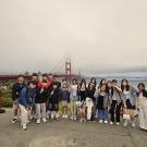 Group of 20 high school students from Sangju pose in front of the Golden Gate Bridge